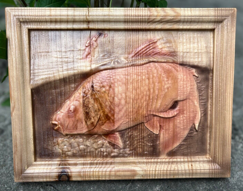 Carpfishing Fisherman Catches Carp Large Wood Carving Multicolor Picture Woodwor