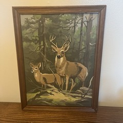 Vintage Paint by Number Deer Mountain Scene Framed Buck Doe Picture 17×13” MCM