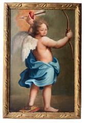 Antique Italian Oil Painting Cupid Eros 19th Century Baroque Portrait Framed
