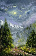 Original Oil Painting Mountain Landscape Night Forest Moon Wall Art 4 x 6 in