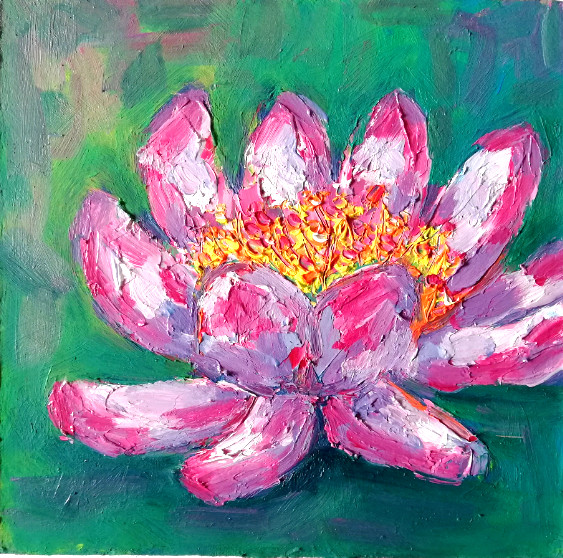 Lotus in a Pond Oil Painting, Original Painting Water Lily, No Frame, 15×15 cm