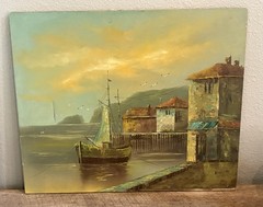 Vintage Original Nautical Oil Canvas Painting Boat Harbor 24×20 Signed