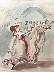 Original French Watercolor Painting Woman Dancing Can-Can Chateau Rouge France