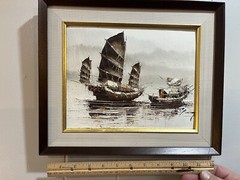 P. Wong Chinese Fishing Boats Oil On Canvas Nautical Framed