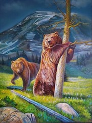 ✔Antique Original Oil Painting Summer Landscape with Mountains and the Bears