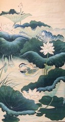 Unknown Ducks at Water Lily Pond Ink Brush Teal Green