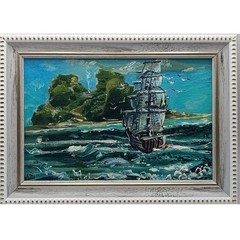 Vintage Sailboat Painting Original Pirate Ship Tropical Island Decor Framed