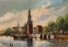 PIETER ARENDS Dutch oil painting Montelbaan Tower Oude Schans Amsterdam 1971