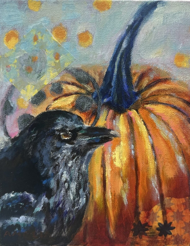 Original Art Painting Crow Bird OOAK 8″ x 10″ „Sage“ Pumpkin Fall Wall Art