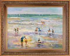 Framed Oil Painting on Canvas, Signed by J Morgan, Summer Beach , Korean Art