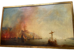 19th Theodore GUDIN – Antique Old Master Oil – Fire by the Coast – Boat and Ship