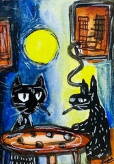 Black Cats Moonlight Night ACEO Original Abstract Folk Art Acrylic Painting OOAK