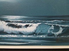 Waves Crashing on Shore Seascape Oil on Canvas, Signed, Framed 30×18 Blue Tones