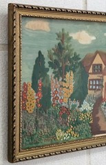 Rare 1930s FRONT OF GLASS PAINTING Cottage Country Garden Hollyhocks COTTAGECORE