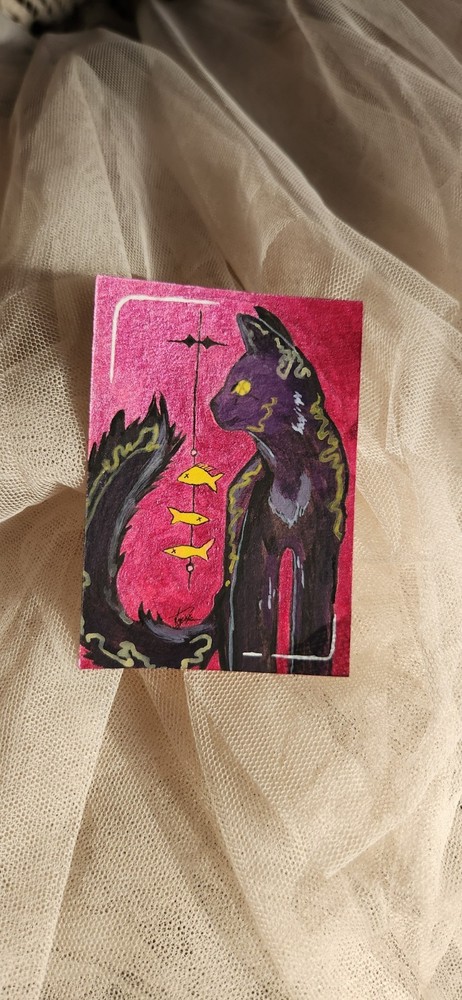 Original ACEO Purple Magical Cat Painting by Kry