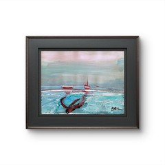 Coastal Ocean Painting Seascape Boats 9×12 Acrylic Canvas