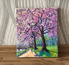 Original Oil Painting Cherry Blossoms Trees on stretched canvas 30X25cm Signed