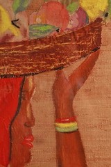 VINTAGE 19 1/4″ X 19 1/4″ NATIVE GIRL BASKET FABRIC and PAINT BAMBOO FRAME