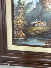 Vintage Mountain Oil Painting On Canvas Artist Signed Eugene Wood Cabin River