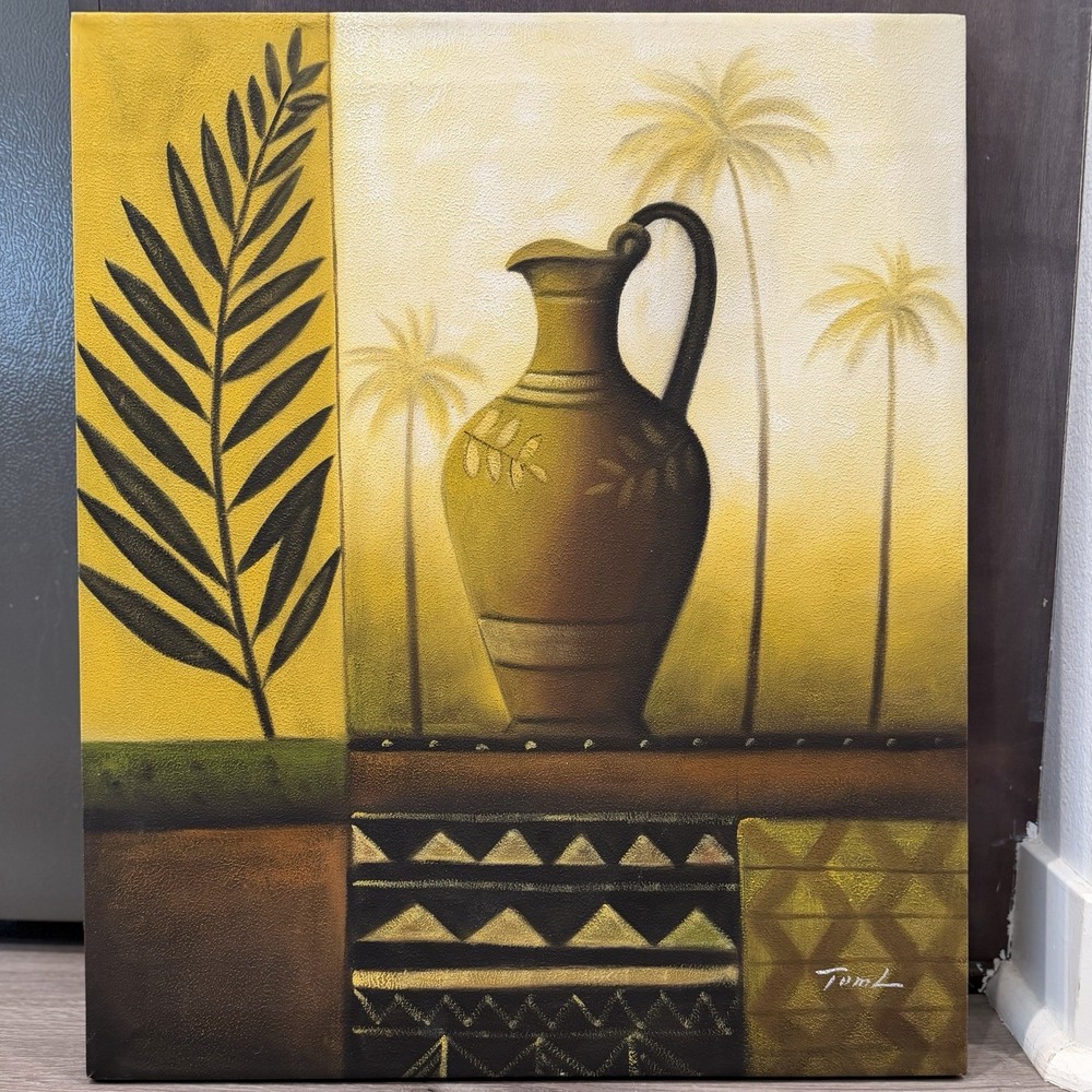 Abstract Botanical Palm Trees & Vase Framed Vertical Canvas Print Repro