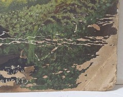 Antique 1880s Victorian Eastlake Oil Painting Alpine Lake Landscape Folk Art