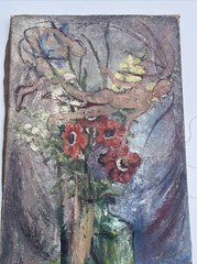 Antique Painting Burliuk Or Chagall Style Era Unsigned Surreal Nude Floral Large