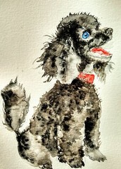 Original watercolor painting black poodle dog art, pet lover best gift