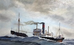 Orig Oil Painting 1920 Steamship/Freighter by Pennsylvania Artist DAVID YOUNG