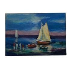 Early 21st Century Argentine Small Oil on Board Boats on the Lake Artist Signed