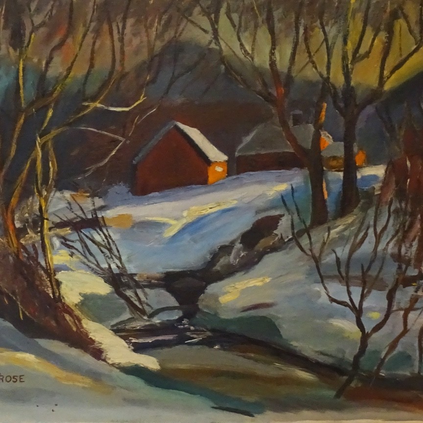 Mid Century Impressionism Winter Landscape Oil Painting House Barn Stream 24×18