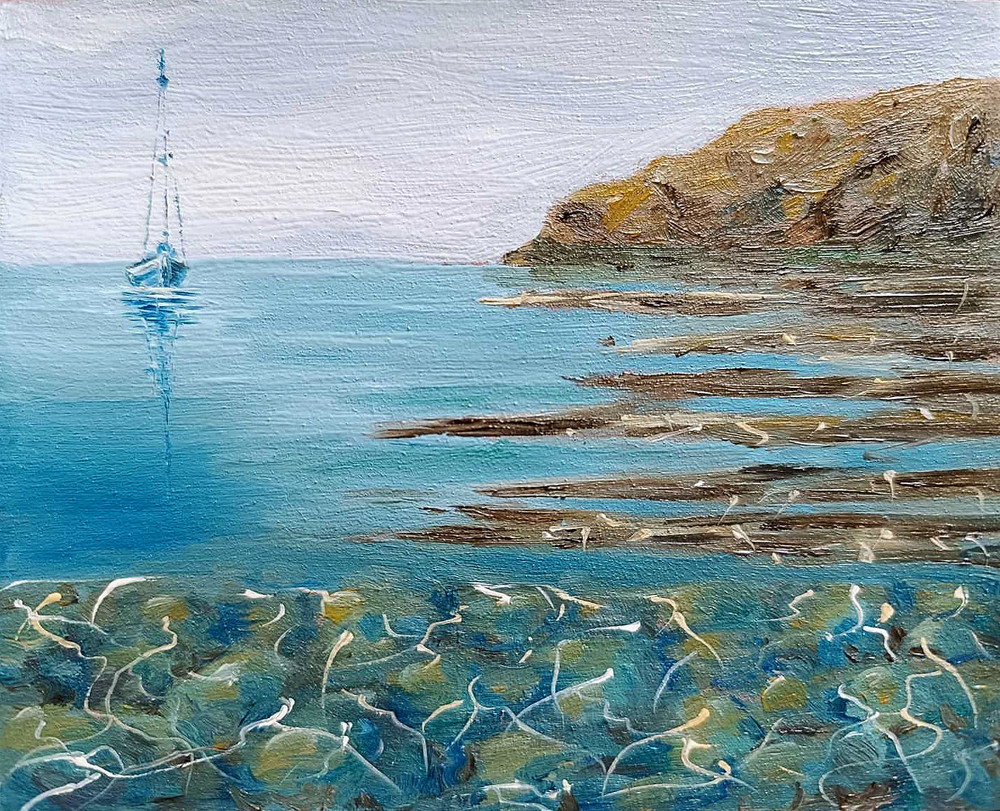 IMPASTO TEXTURED SEA BOAT Original Art OIL Painting Landscape SKY Seascape A5