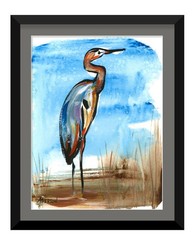 9×12 Original Blue Heron Painting Crane Bird Wildlife Art Coastal Marsh Nature