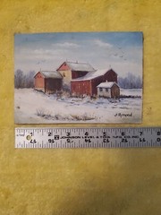 Vintage J.Rymond Oil Painting Barns Buildings Sky Birds Flying Snow Landscape