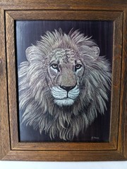 HTF Vintage Marjorie Brice Lion Print Signed Framed 15.5×18.5 Scratchboard Style