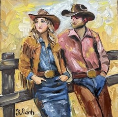 ORIGINAL OIL PAINTING WESTERN COWBOY COUPLE ON STRETCH CANVAS SIGNED 6×6