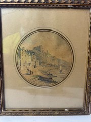 Antique „Coastal Village Landscape With Figures“ Watercolor Painting – Framed