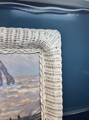 Claude Monet Rough Sea at Etretat Repro Print In White Wicker Frame 18 X 21”