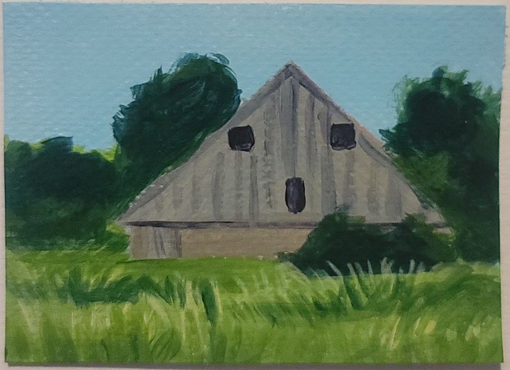 ACEO Original Abstract Landscape Barn in Field Mini Art Painting Nature