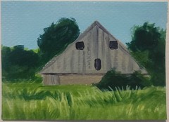 ACEO Original Abstract Landscape Barn in Field Mini Art Painting Nature
