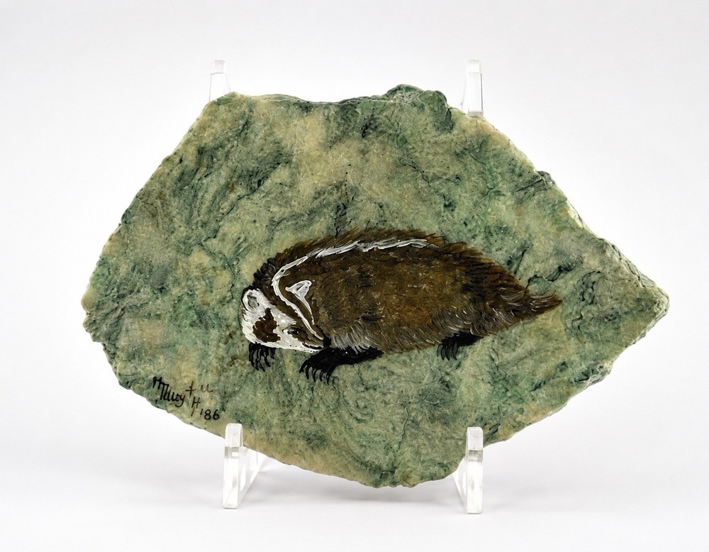 Hand Painted Badger on Natural Stone Slab Signed H Marty 1986 Wildlife 6×4”
