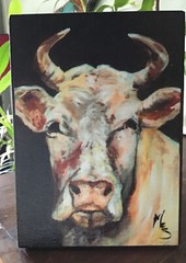 Michelle Foy Sucaet Picture Of A Bull Signed 7×5” Painting Printed On Wood