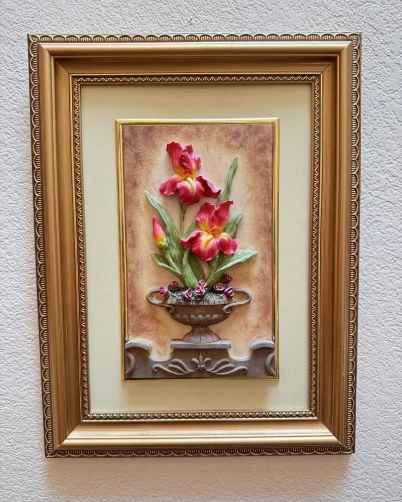 Vintage 3D Floral Relief Wall Art Framed – Tulip Flowers in Vase Decor