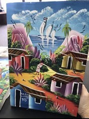 Art Travel destination painting on canvas La Romania 2015 signed Colorful Beach