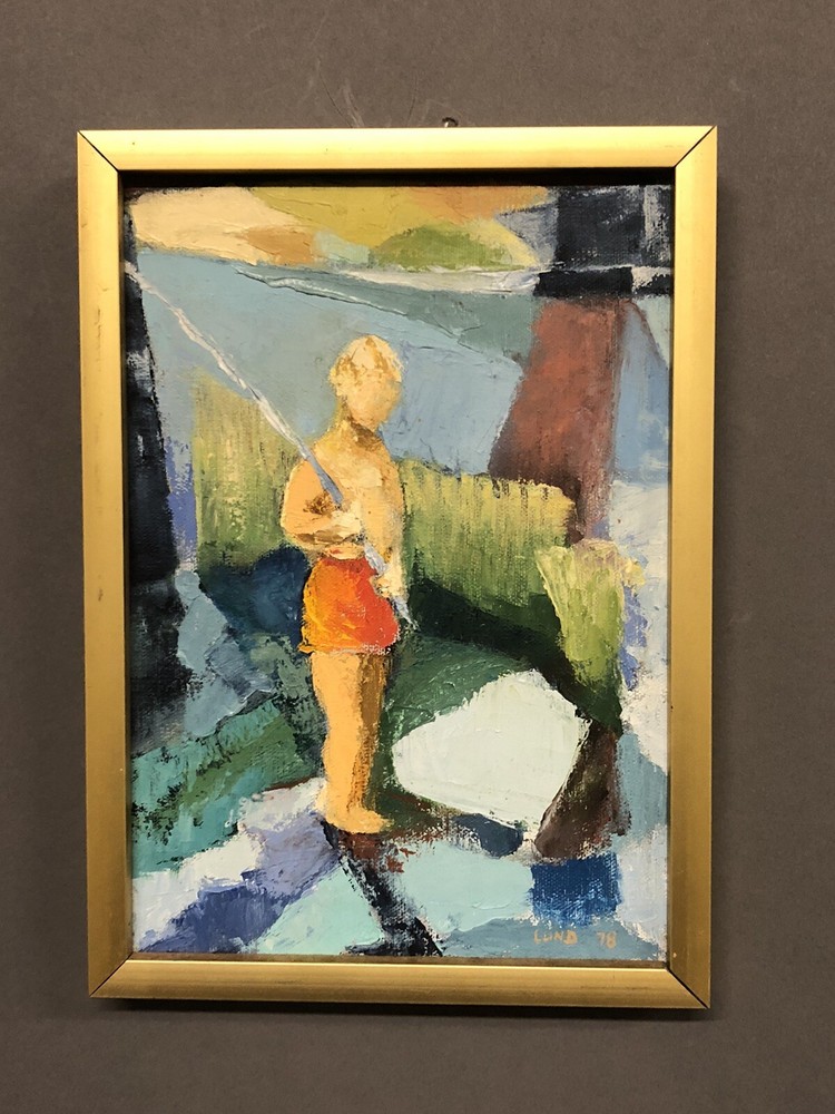 Signed Shirley Lund 78 Oil On Canvas Titled Fishing Creek 10 1/2” X 7 1/2”