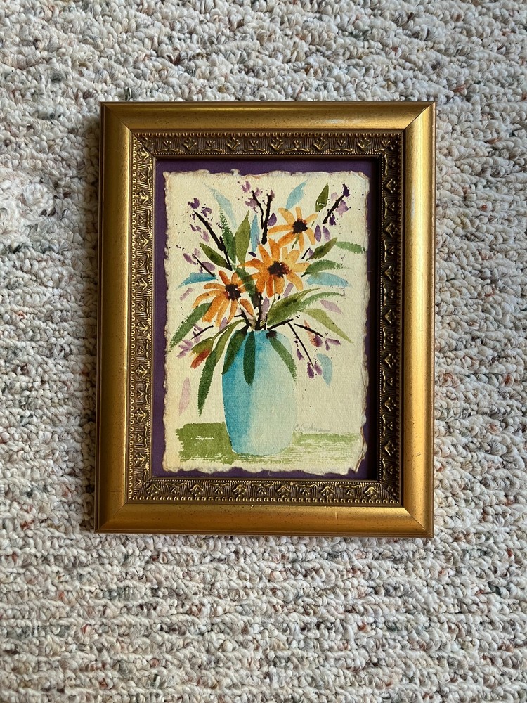 Original 4×6 Watercolor Painting in Vtg 90’s+ Gold Wood Frame; Sunflowers, Vase