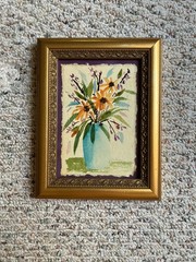 Original 4×6 Watercolor Painting in Vtg 90’s+ Gold Wood Frame; Sunflowers, Vase