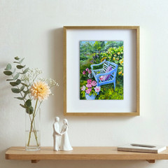 Garden Bench with Hat Oil Painting 21×26 cm Flowers Landscape Painting with Frame