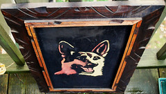 Vtg GERMAN SHEPHERD DOG Original BLACK VELVET OIL PAINTING Carved Wood Frame 25″