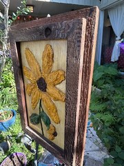 Mid Century 3D Impasto Folk Art Naive Sunflower Painting On Plywood Framed 24”H