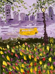 NYC Tulips Original Oil Impasto Painting New York City Landscape 6 x 8 inches